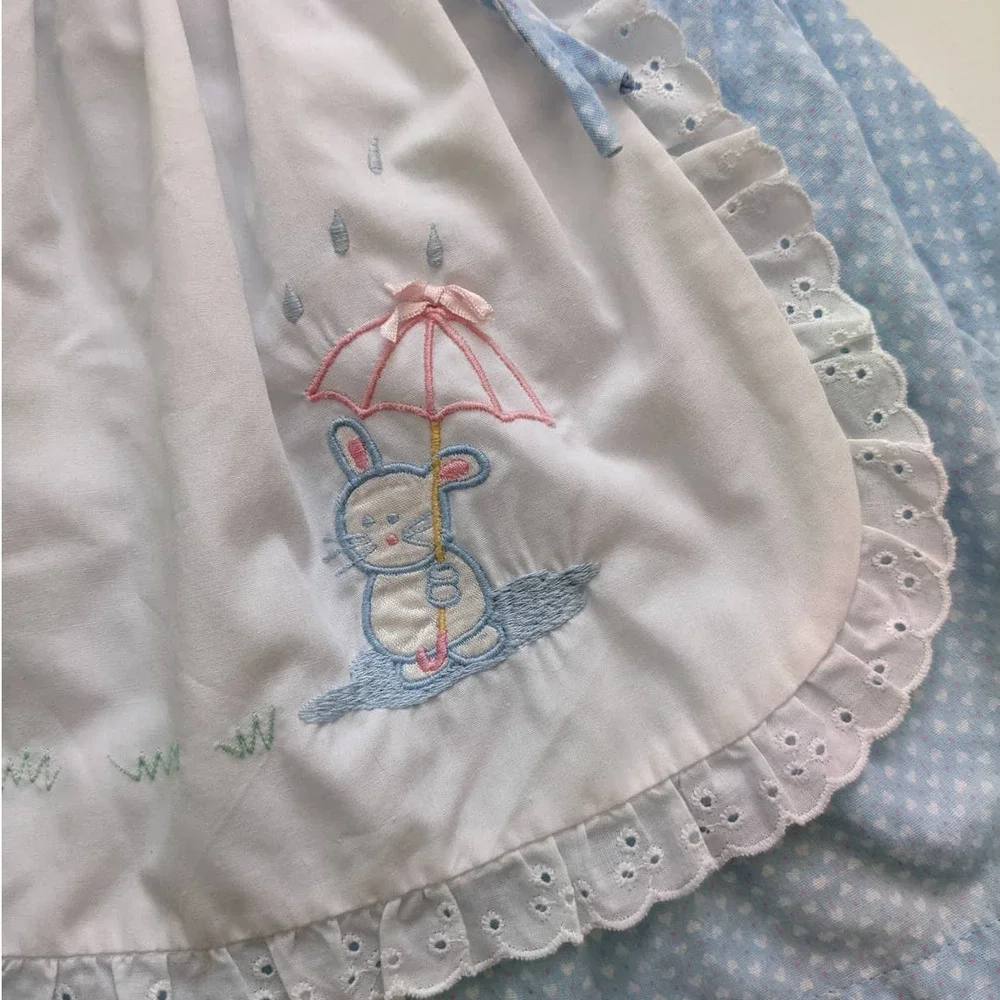 Vintage Girl's Pinafore Apron Dress, Light Blue Lace Rabbit Detail, Sz 18 Months